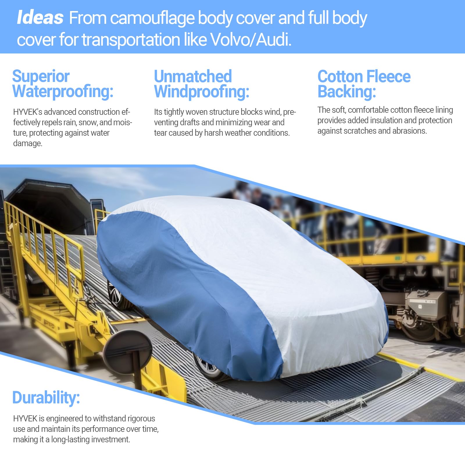 Hyvek All Weather Waterproof Car Cover Breathable and UV Protection White/Blue
