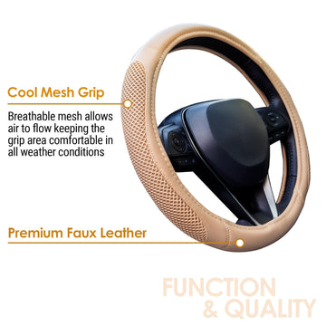 Premium Faux Leather Cool Mesh Grip Car Steering Wheel Cover with Breathable Grip - 0