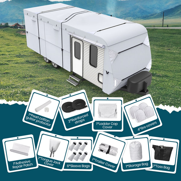 210D Upgraded Travel Trailer Cover RV Cover  with 4 Tire Covers Ripstop Diamond Camper Cover