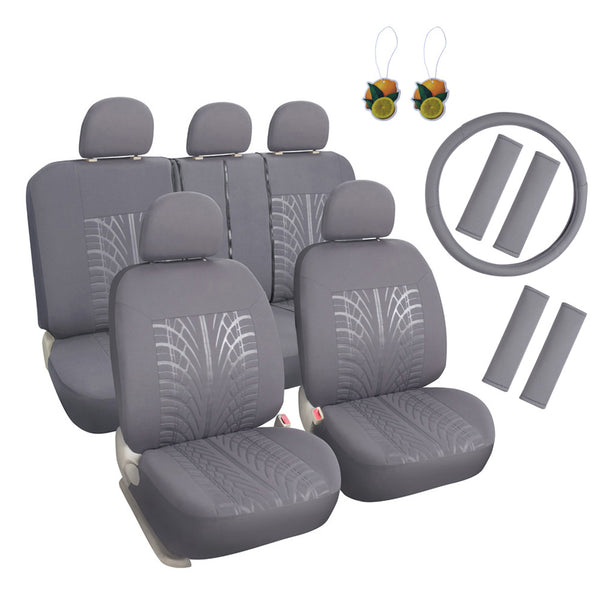 Embossed Cloth Grey 17pcs Car Seat Covers Full Set - Universal Fits Trucks SUV