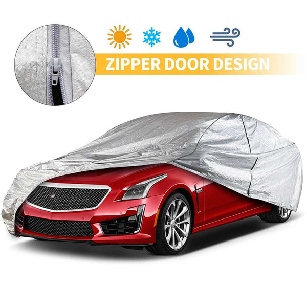 Sedan Car Cover Aluminium Cotton with Door Zipper 3 Different Sizes GREY