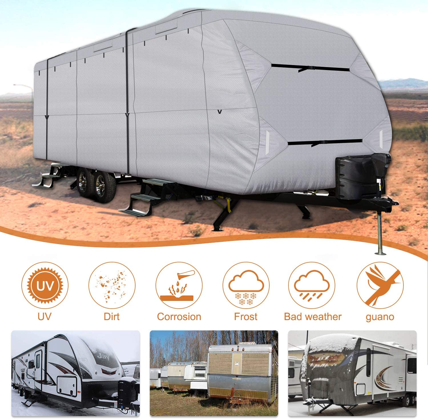 Richeer 300D Travel Trailer RV Cover, 27'-30' Wind Watertight Rip-Stop UV Resistant Travel Trailer Camping Vehicle Cover With Storage Bag Jack Cover Tire Cover Reflective Tape